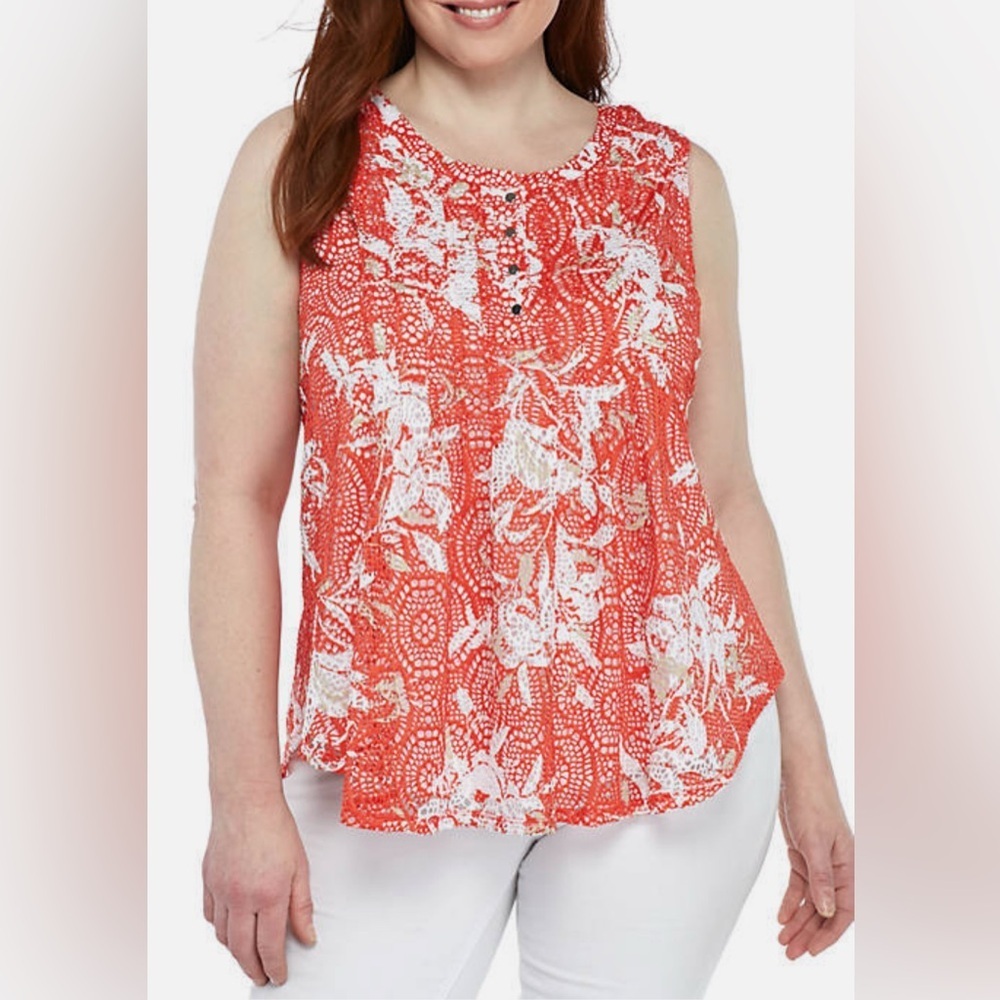 New Directions Curvy Orange White Lace Sleeveless Floral Print Blouse Tunic 1X
